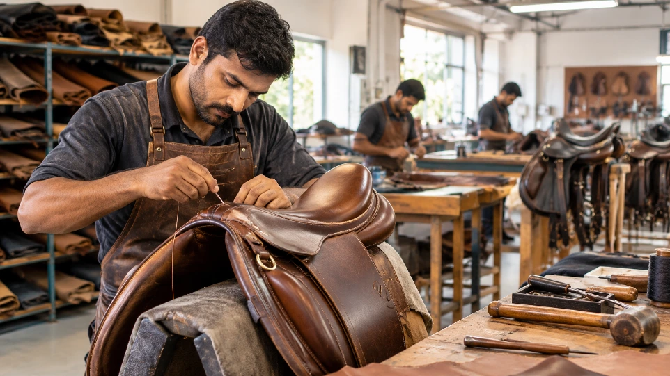 Leather craftsman working with leather and tools in a workshop